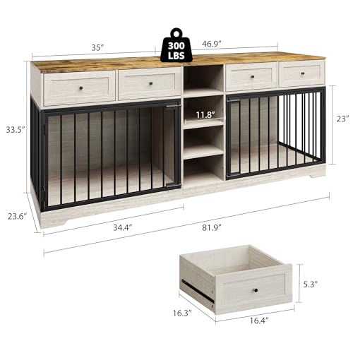 GarveeHome 82" Double Dog Crate Furniture, Large Dog Kennel Indoor for 2 Dogs, Heavy Duty Wooden Dog Crate TV Stand with 4 Drawers and Shelves, Washed White GarveeHome