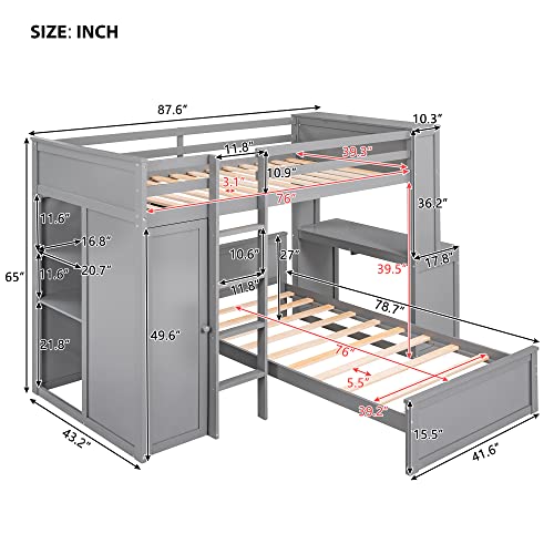 Harper & Bright Designs Twin Over Twin Bunk Bed with Desk, Drawers and Wardrobe, Wooden Loft with Stand-Alone Bed and Shelves for Kids Teens, Grey Harper & Bright Designs