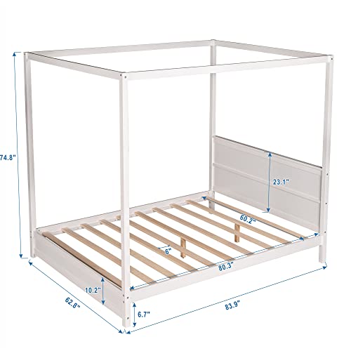 Favfurish Queen Size 4-Post Canopy Platform Bed with Headboard and Support Legs,Solid Wood Bed-Frame for Kids Teens Adults, No Box Spring Needed,Easy Assembly,White