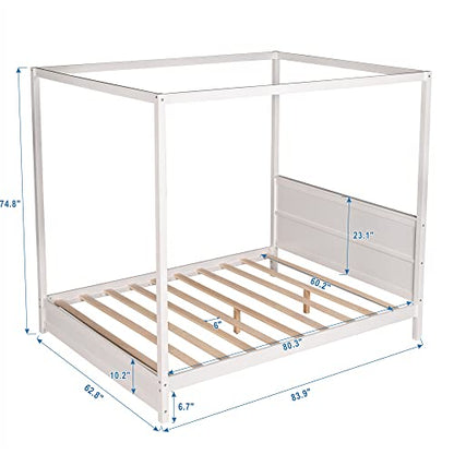 Favfurish Queen Size 4-Post Canopy Platform Bed with Headboard and Support Legs,Solid Wood Bed-Frame for Kids Teens Adults, No Box Spring Needed,Easy Assembly,White