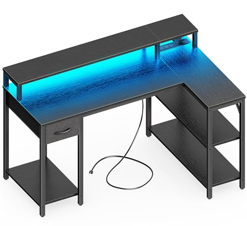 SUPERJARE 47 inch Reversible L Shaped Desk with LED Lights & Power Outlets, Computer Desk with Shelves & Monitor Stand, Gaming Desk with Drawer, Home Office Desk Corner Desk, Black - WoodArtSupply