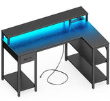 SUPERJARE 47 inch Reversible L Shaped Desk with LED Lights & Power Outlets, Computer Desk with Shelves & Monitor Stand, Gaming Desk with Drawer, Home Office Desk Corner Desk, Black SUPERJARE