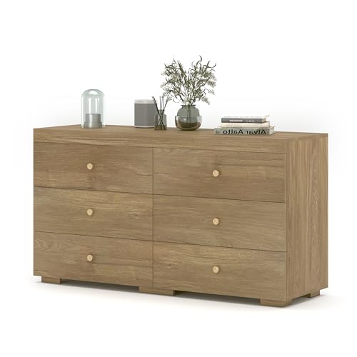 Zenflare Dresser for Bedroom 6 Drawer Wood Dresser 58.3" Wide, Large Chest of Drawers for Bedroom, Living Room, Hallway, Entryway, Modern TV Stand Drawer Organizer, Light Oak Zenflare