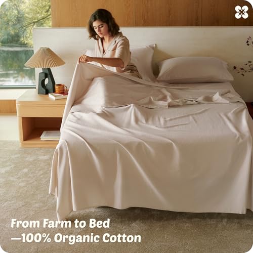 Bedsure 100% GOTS Organic Cotton Sheets, Fair Trade Certified Queen Bedding Set, Eco-Friendly, Soft, 17 inches Deep Pocket Queen Sheet, Sateen Weave Cotton Luxurious Hotel Bed Set, Linen Bedsure