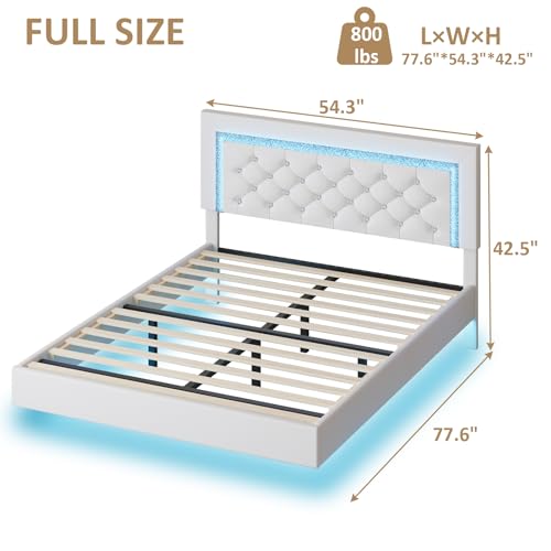 BarnFurin Floating Bed Frame with LED Lights, Upholstered Platform Bed with Diamond Tufted Headboard (White, Full) BarnFurin
