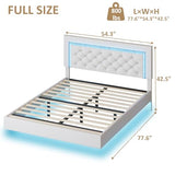 BarnFurin Floating Bed Frame with LED Lights, Upholstered Platform Bed with Diamond Tufted Headboard (White, Full) BarnFurin