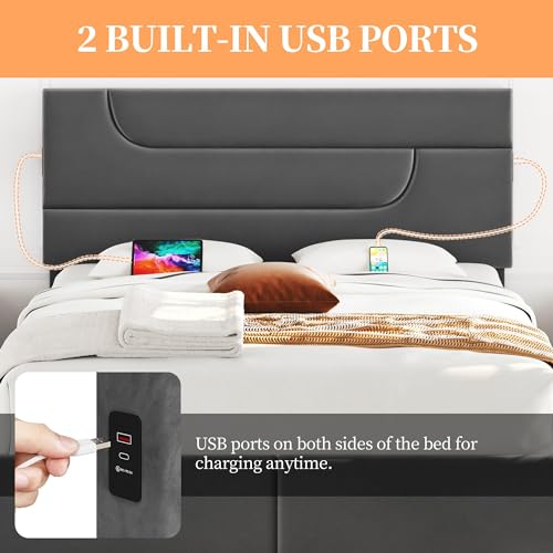 Yaheetech Dark Gray Upholstered Queen Bed Frame with USB Charging and 4 Storage Drawers Yaheetech