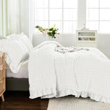 WONGS BEDDING White Queen Comforter Set,Boho Ruffle Comforter for Queen Bed,Soft Seersucker Shabby Chic Bedding Set with 1 Comforter,2 Tufted Pillowcases 90"×90" WONGS BEDDING