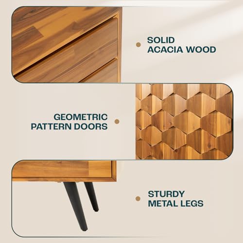 Bme Sideboard Georgina Solid Wood 2 Doors & 3 Drawers, 61'' Mid Century Modern Cabinet with Geometric Pattern for Kitchen, Dining, Living Room, Teak Bme