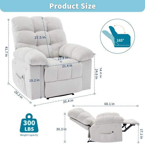 SLEKVERSA Recliner Chair with Massage and Heat, 35.4" Recliner with Vibration Massage and Side Pocket, Comfortable Reclining Chair for Living Room, Nursery, Bedroom, White