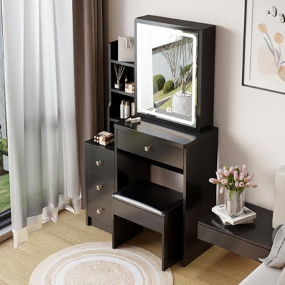 Small Space Left Bedside Cabinet Vanity Table + Cushioned Stool, Extra Large Touch Control Sliding LED Mirror, Tri-Color Switching (style1)