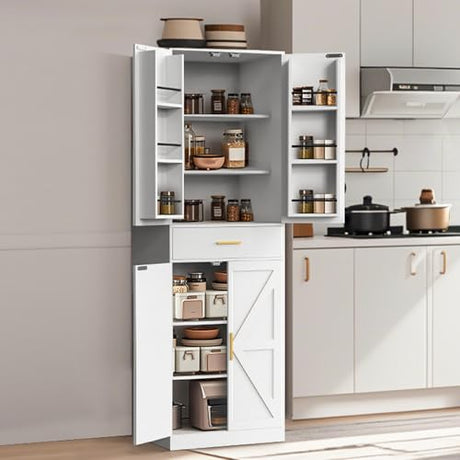 GTFURNI 71" Tall Kitchen Pantry Storage Cabinet with 4 Doors & Drawer, Adjustable Shelves, Farmhouse Cupboard, Freestanding Cabinet with Door Shelves for Dining Room/Living Space, White GTFURNI
