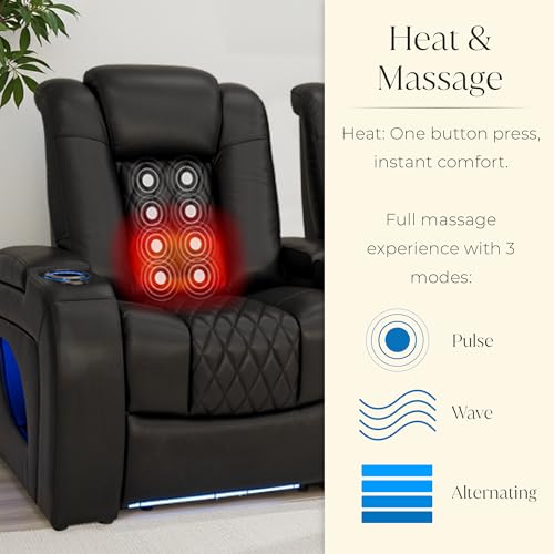 Seatcraft Virtuoso LT Home Theater Seating, Black Zero Gravity Italian Leather Power Recliner Sofa, Gaming and Home Office Chair with Powered Headrest & Lumbar, Heat & Massage, Single Recliner