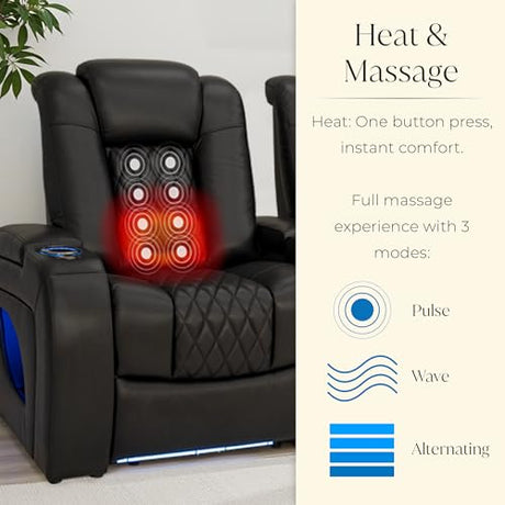Seatcraft Virtuoso LT Home Theater Seating, Black Zero Gravity Italian Leather Power Recliner Sofa, Gaming and Home Office Chair with Powered Headrest & Lumbar, Heat & Massage, Single Recliner Seatcraft