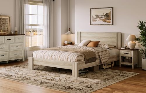 LINSY Queen Bed Frame Wood with Headboard, Farmhouse Bed Frame Queen Size, Wood Platform Bed Fast Assembly, Noise-Free, No Box Spring Needed - Beige - WoodArtSupply