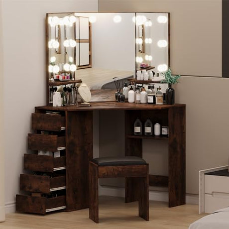 Garvee Corner Vanity Desk and Bench, Makeup Vanity Table with 3-Folding Lighted Mirrors, Charging Station, 5 Drawers for Bedroom Garvee