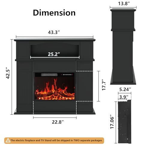 BOSSIN 43" Electric Fireplace with Mantel, 23 inch Electric Fireplace Insert, Freestanding TV Stand with Fireplace Heater,Wooden Surround Firebox Faux Log & Led Flames, Remote Control,750W/1500W Black BOSSIN