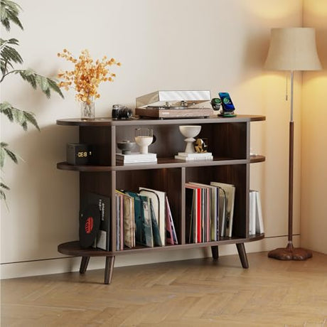 LIVEHOM Large Round Record Player Stand, Wood Record Storage Cabinet, Vinyl Record Holder with Display Area, Mid Century Modern Turntable for Living Room, Bedroom LIVEHOM