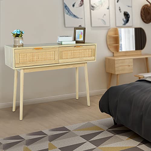 HOPUBUY Console Table Rattan Desk with Drawers, Oak Narrow Sofa Table with Pine Leg, Modern Small Entryway Table for Hallway and Living Room, 39" Rustic Natural HOPUBUY