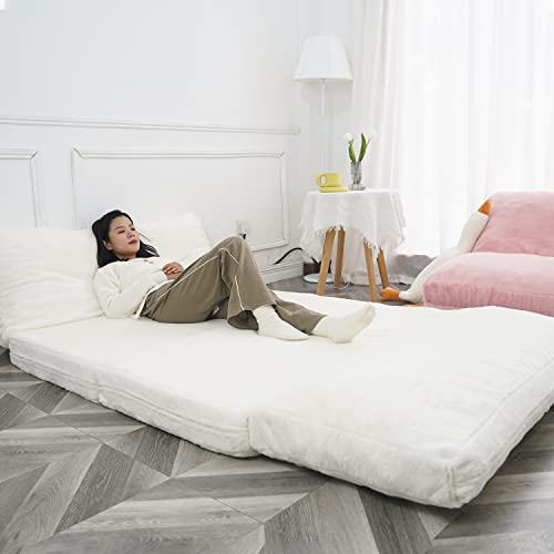 N&V Folding Matress Sofa Bean Bag Bed, Foam Filling Folding Matress Sofa, Includes Removable and Machine Washable Cover, Soft Premium Faux Fur (Medium, White) N&V