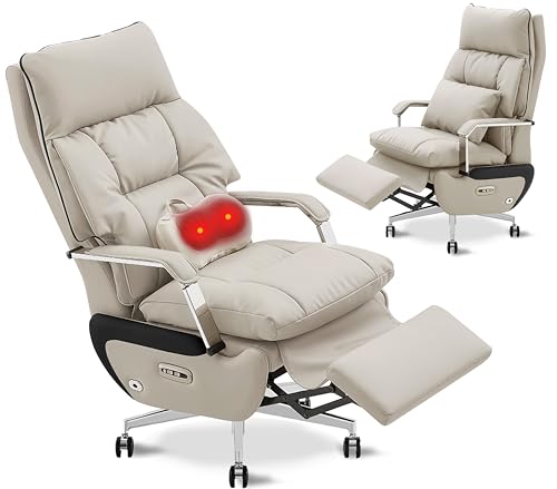 Dual Motor Executive Home Reclining Office Chair with Footrest - One-Click Electric Recline with Massage & Pillow Support Big and Tall PU Leather Ergonomic Desk Chair, High Back Wide Seat (White) COTYFLY