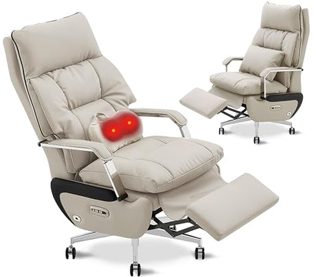 Dual Motor Executive Home Reclining Office Chair with Footrest - One-Click Electric Recline with Massage & Pillow Support Big and Tall PU Leather Ergonomic Desk Chair, High Back Wide Seat (White) COTYFLY