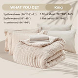HYMOKEGE Beige King Size Comforter Set Seersucker 7 Pieces, All Season Luxury Bed in a Bag for Bedroom, Bedding Set with Comforters, Sheets, Pillowcases & Shams HYMOKEGE