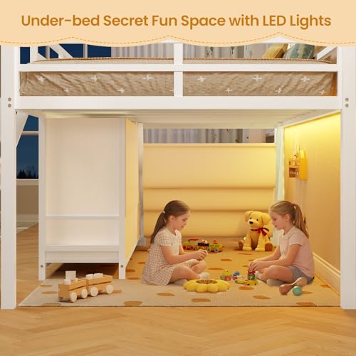 BTHFST Low Loft Bed Twin Size with 3 Storage Drawers, 3-Tier Kids Bookshelf, 5 Open Cubbies and 2 LED Lights Strips, Metal Kids Loft Bed with High Safety Guardrail, Inclined Ladder and Play Area BTHFST