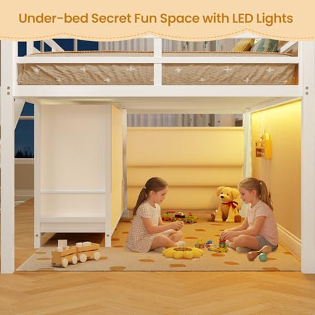 BTHFST Low Loft Bed Twin Size with 3 Storage Drawers, 3-Tier Kids Bookshelf, 5 Open Cubbies and 2 LED Lights Strips, Metal Kids Loft Bed with High Safety Guardrail, Inclined Ladder and Play Area BTHFST