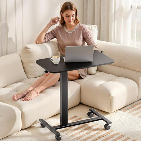 COMHOMA Adjustable Overbed Bedside Table with Lockable Wheels, Pneumatic Mobile Standing Laptop Desk, Small Standing Desk Portable Rolling Overbed Table Hospital Home Use(28" W x 16" D, Black) COMHOMA