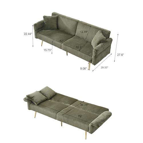 Zentrava Green 79" Convertible Futon Sofa Bed with Adjustable Backrest & Armrests, Modern Corduroy Folding Loveseat Sleeper Couches with Two Soft Pillows for Living Room Apartment Office (Green) Zentrava
