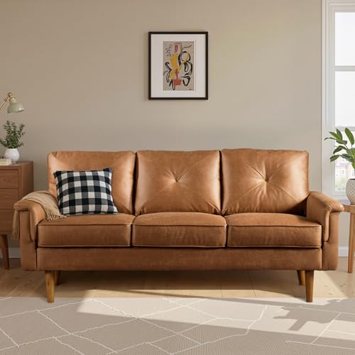 ovios Luxury 3 Seater Sofa with Faux Leather,Mid-Century Modern Couch with Comfortable Armrest,Comfy Couches with Deep Seat,Small Sofas for Living Room Bedroom (Light Brown) ovios