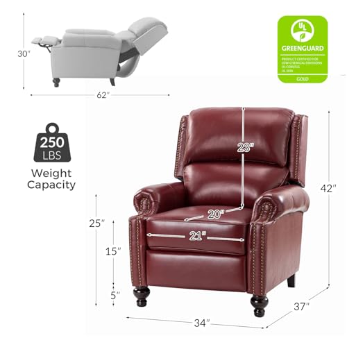 HULALA HOME Genuine Leather Wingback Recliner Chair with Thick Cushioned Seat, Traditional Push Back Leather Recliner with Nailhead Trim, Burgundy