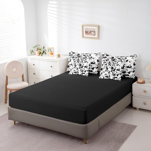 Erosebridal Cow Print 7 Piece Bed in a Bag King,Milk Cow Cattle Bedding Set Bed Sheets for Kids Teens Adults,Wild Animal Farmhouse Comforter Set,Black White Bull Cowhide Sheet Set with Comforter Erosebridal