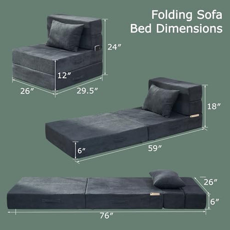 HILERO Folding Sofa Bed, 4 in 1 Convertible Sleeper Chair with Pillow, Single Memory Foam Fold Out Chair Bed, Modern Floor Futon Sofa Couch Mattress for Living Room/Guest/Apartment, Dark Grey HILERO