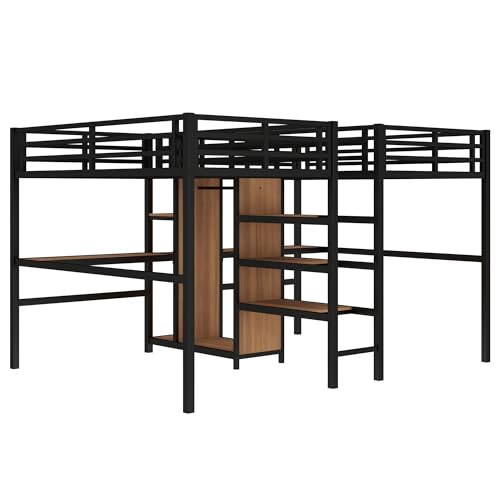 Bellemave Twin Over Twin Metal Loft Bed with Desk and Wardrobe for 2 Kids,Twin Size Heavy Duty Double Loft Bed Frame with Charging Station and Shelves for Boys,Girls,Adults,Woodgrain Bellemave
