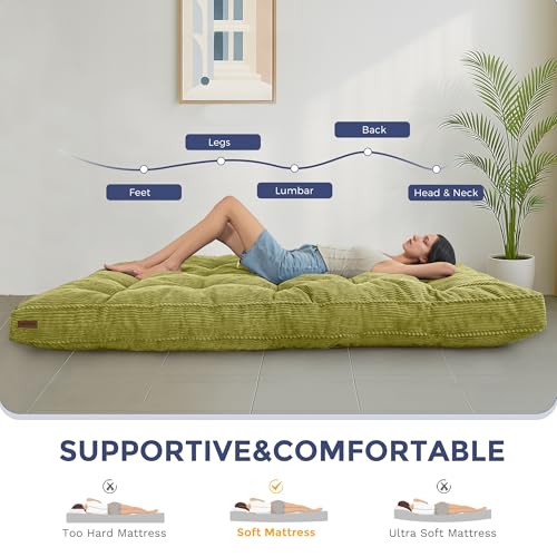 MAXYOYO 6" Futon Mattress Full Size, Tufted Futons Sofa Couch Bed with Twisted Rope Design Edging, Thick Corded Fabric Floor Mattress for Adults, Shredded Foam Filling (Frame Not Included), Green MAXYOYO