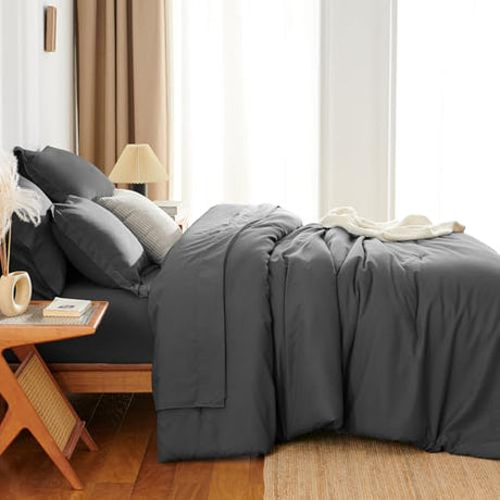 HIMEET Full Size Comforter Sets - 7 Pieces Bed in a Bag Full, Luxury Comforter Set with Sheets for All Season, Bed Set with Comforter, Flat Sheet, Fitted Sheet, Pillowcases & Shams, Dark Grey HIMEET