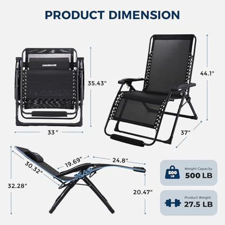HOMSHADE Oversized Zero Gravity Chair, 33In XXL Outdoor Recliner Chair w/Removable Cushion&Headrest, Reclining Patio Chairs for Indoor, Camping Lounge Chair with Footrest, Support 500LBS, Black HOMSHADE