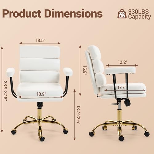 WiNVO Faux Leather Home Office Desk Chair, Gold Base Makeup Vanity Chair with Wheels, Padded Seat and Armrests, Adjustable Height Swivel Executive Computer Chair, White WiNVO