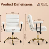 WiNVO Faux Leather Home Office Desk Chair, Gold Base Makeup Vanity Chair with Wheels, Padded Seat and Armrests, Adjustable Height Swivel Executive Computer Chair, White WiNVO
