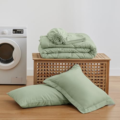 Love's cabin Twin Comforter Set Sage, 5 Pieces Twin Bed in a Bag, All Season Bedding Sets with 1 Comforter, 1 Flat Sheet, 1 Fitted Sheet, 1 Pillowcase and 1 Pillow Sham Love's cabin