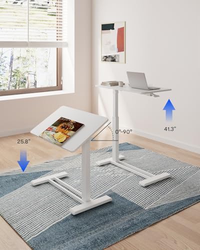 FLEXISPOT H7 PRO Mobile Standing Desk Adjustable Overbed Table Pneumatic with Wheels 90°Tiltable Portable Laptop Desk Rolling Computer Cart Foldable Bedside Table(31.5" W x 17.7" D, White) FLEXISPOT