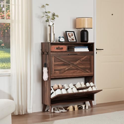Joaxswe Shoe Storage Cabinet with 2 Flip Drawers, Farmhouse Shoes Organizer for Entryway, Narrow Hidden Shoe Rack with Legs & Open Storage, Freestanding Shoe Closet for Foyer, Hallway, Brown Walnut Joaxswe