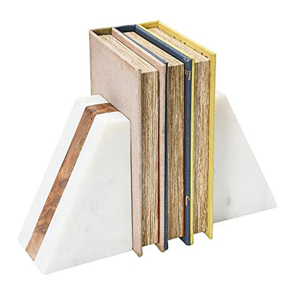 Main + Mesa Marble Geometric Bookends with Wood Inlay, White