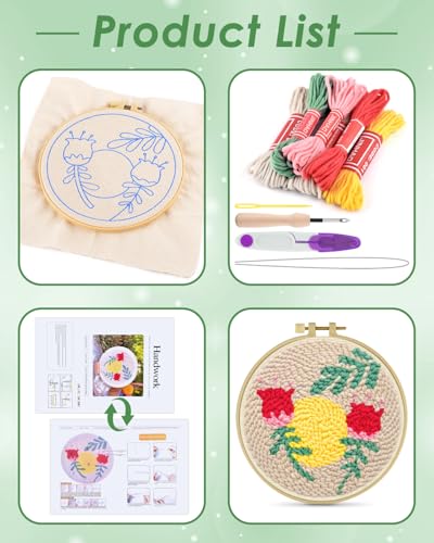 ERKOON Punch Needle Kit Adults Beginners, DIY Easy Floral Embroidery Set for Starter Art Craft, Needling Punch Project with Patterns, Tools, Yarns, Hoop, Instruction (Rose Passing) ERKOON