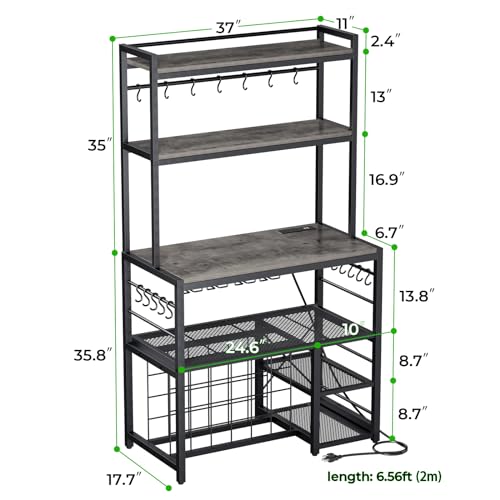 yacchi home Wine Bar Cabinet with Outlet and LED Light, Liquor Cabinet with Glasses Holder Movable Storage Shelf, 4-Tier Wine Rack Durable Coffee Bar Cabinet for Kitchen Dining Room, Grey - WoodArtSupply