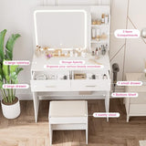 Hogxp Makeup Vanity with Lighted Mirror & Electrical Outlet - 2 Shelves, 2 Drawers, Bottom Storage - Comes with Upholstered Stool （White） Hogxp