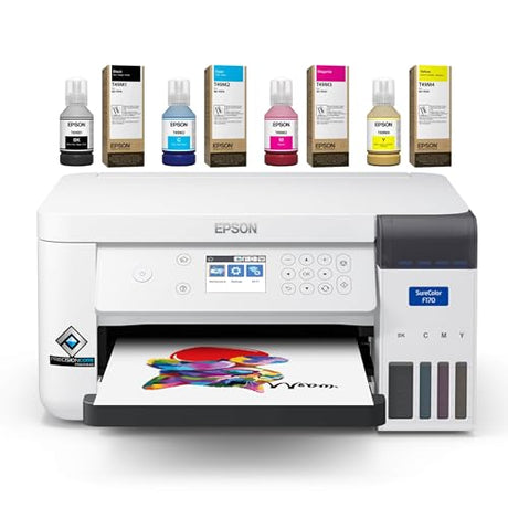 Epson Surecolor F170 Sublimation Blank Bundle – Printer with CMYK Ink Set, Tumbler & Flat Blanks Starter Kit, Sublimation Paper, Heat Tape & Design Pack – Perfect for Beginners & Small Business makerflo