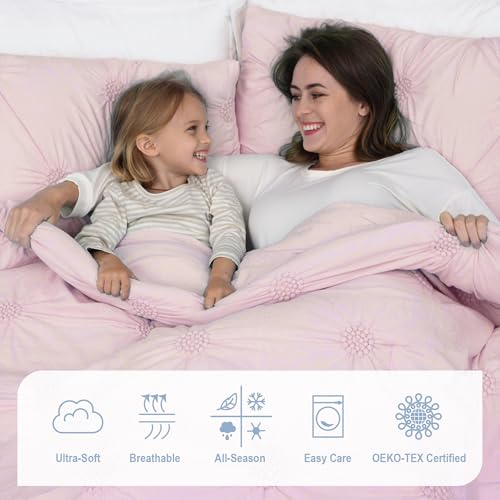 Swift Home Twin/Twin XL Baby Pink Rose Blush Comforter Set - Ruched 3D Floral Pintuck Bedding Set - 2 Pieces Bed Linen, 1 Comforter and 1 Pillow Sham Swift Home